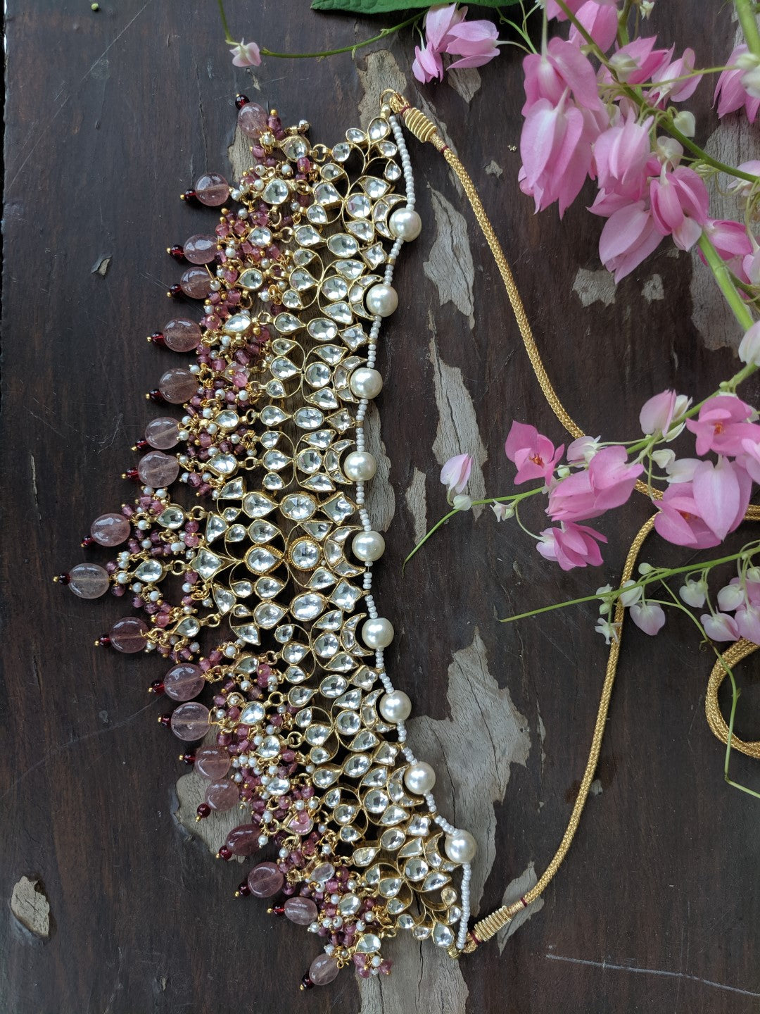 White Jadtar Stone Necklace Beaded Moti Work In Light Pink Beads With Pearl