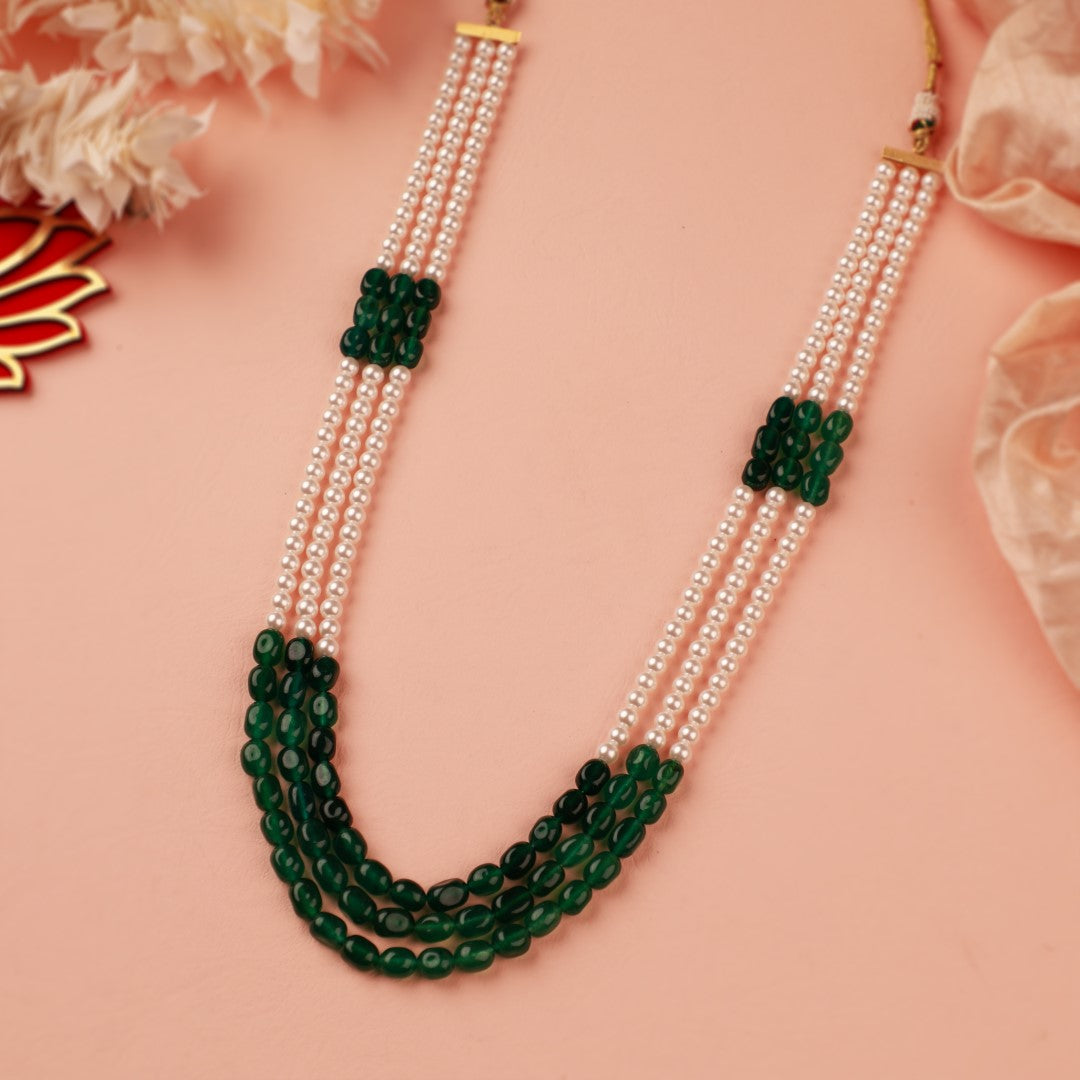 Emerald Green Beaded Maala Three Layered Pearl Necklace