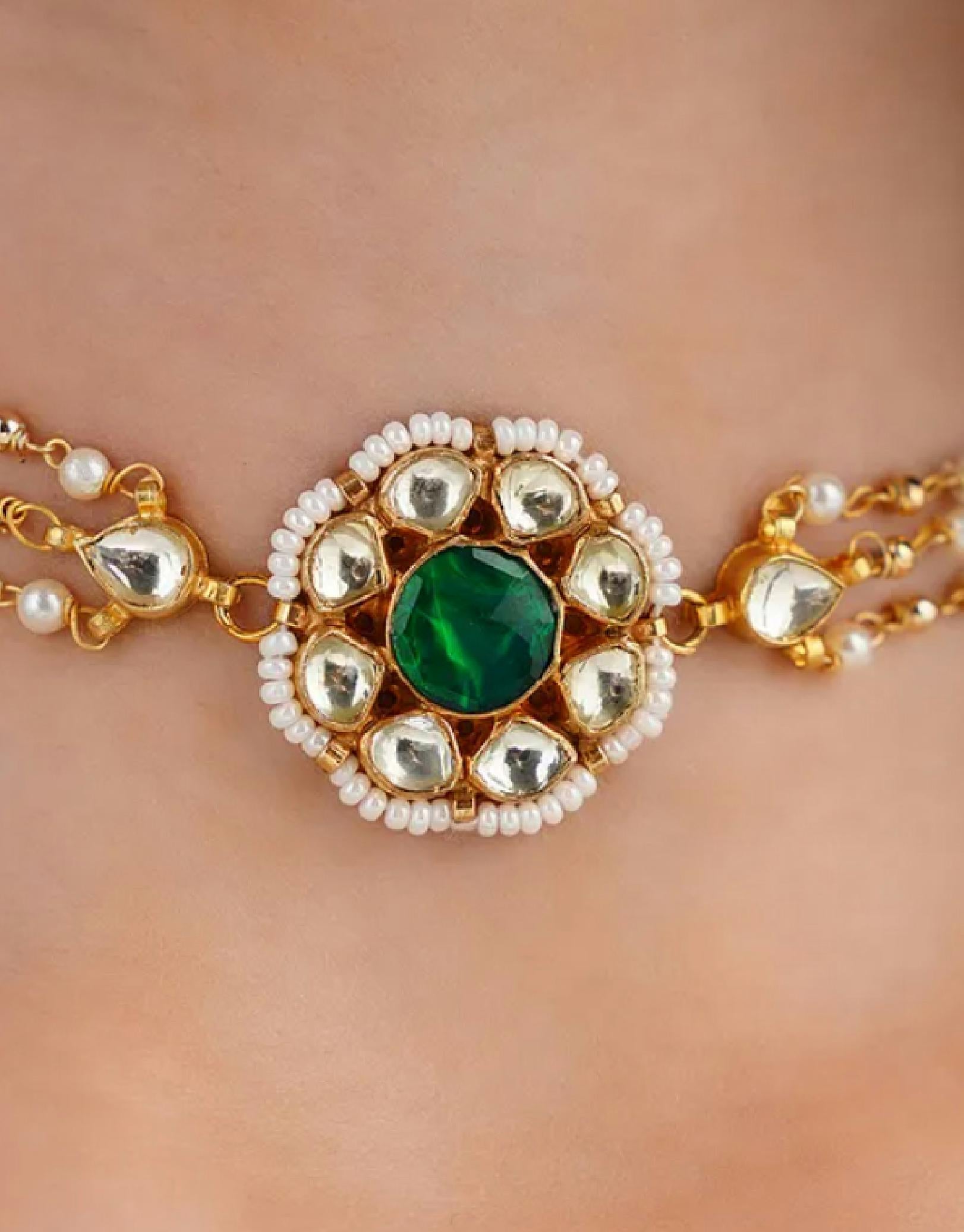 Green Gold Finish Jadau Choker with pearls