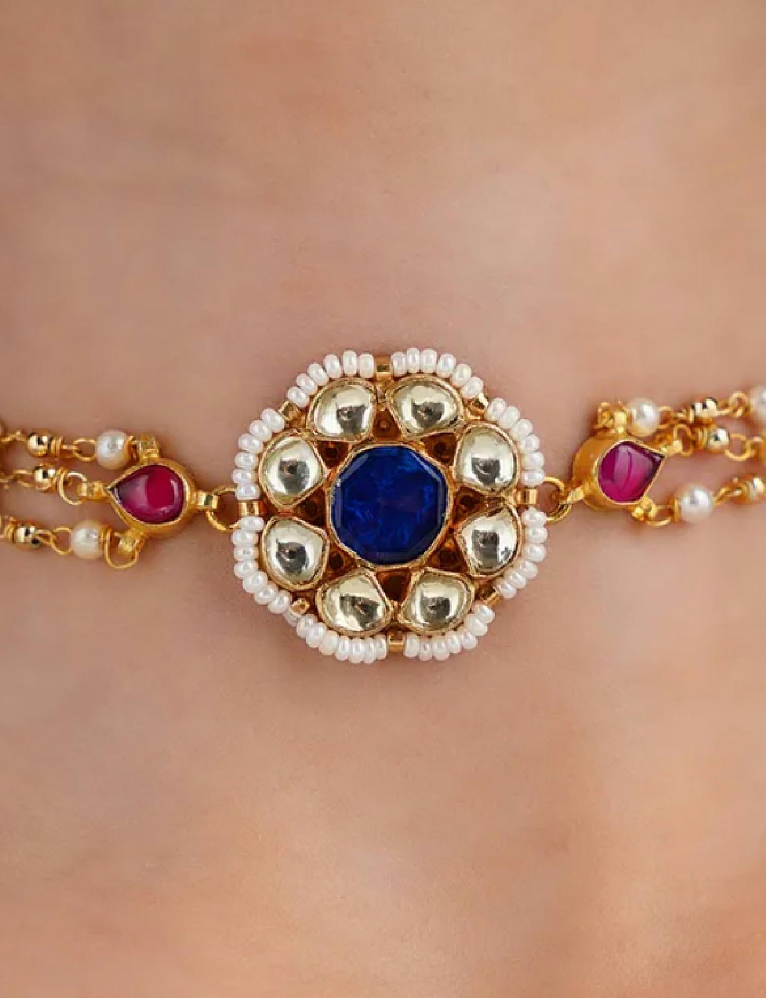 Indigo Gold Finish Jadau Choker with pearls