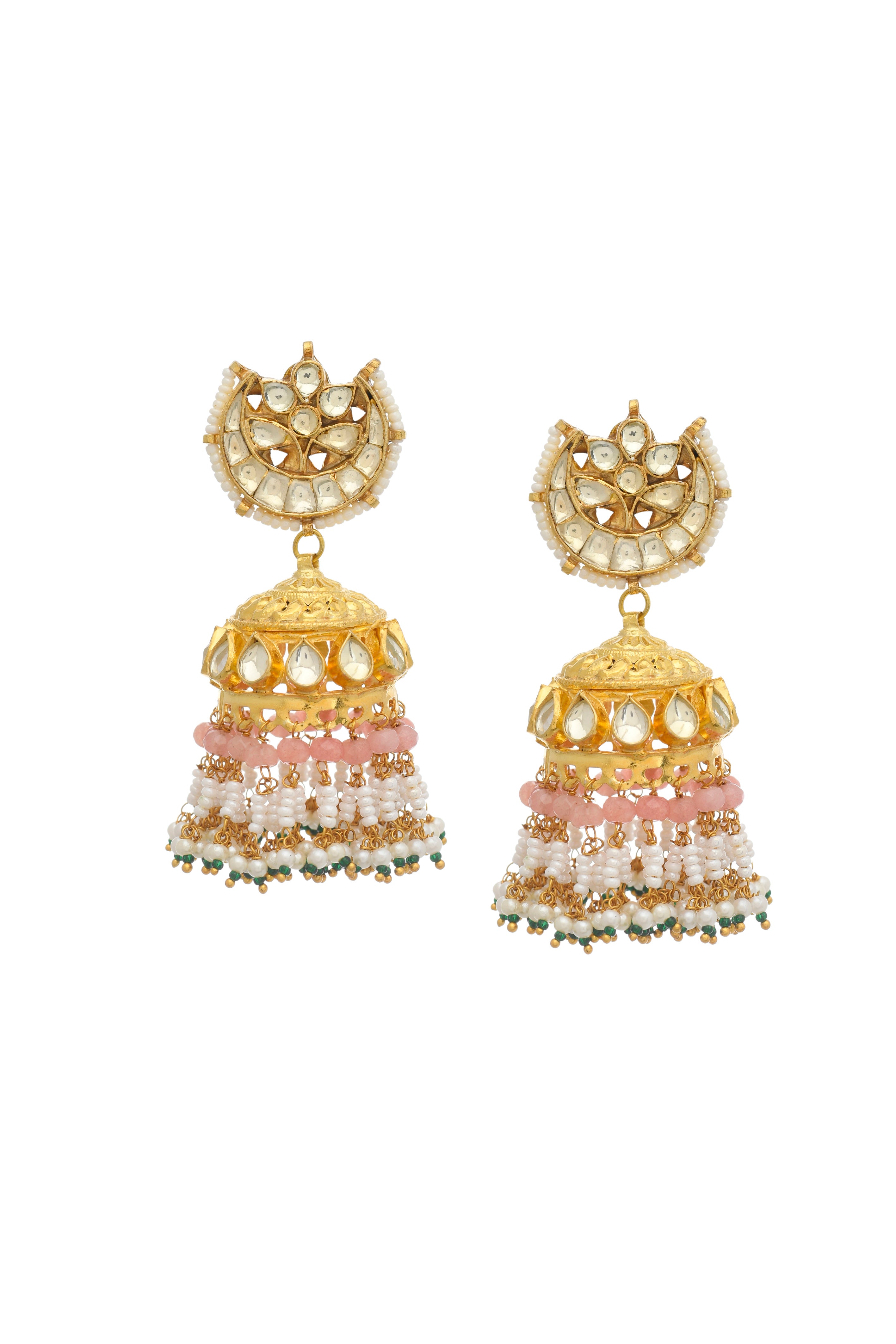 Gold Finish Beaded & Kundan Polki Jhumki