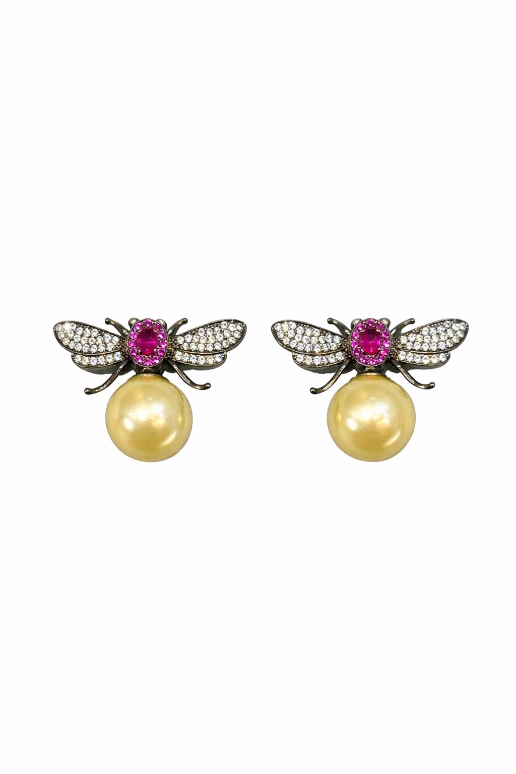 Bee Motif Pearl Drop Earrings with Red stone