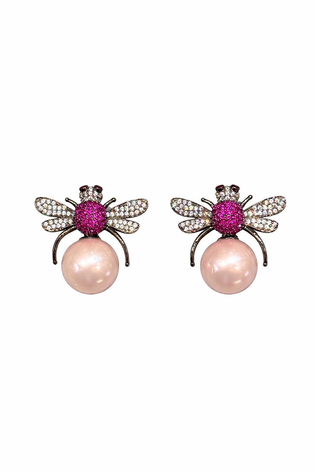 Bee Motif Pearl Drop Earrings with Pink stone