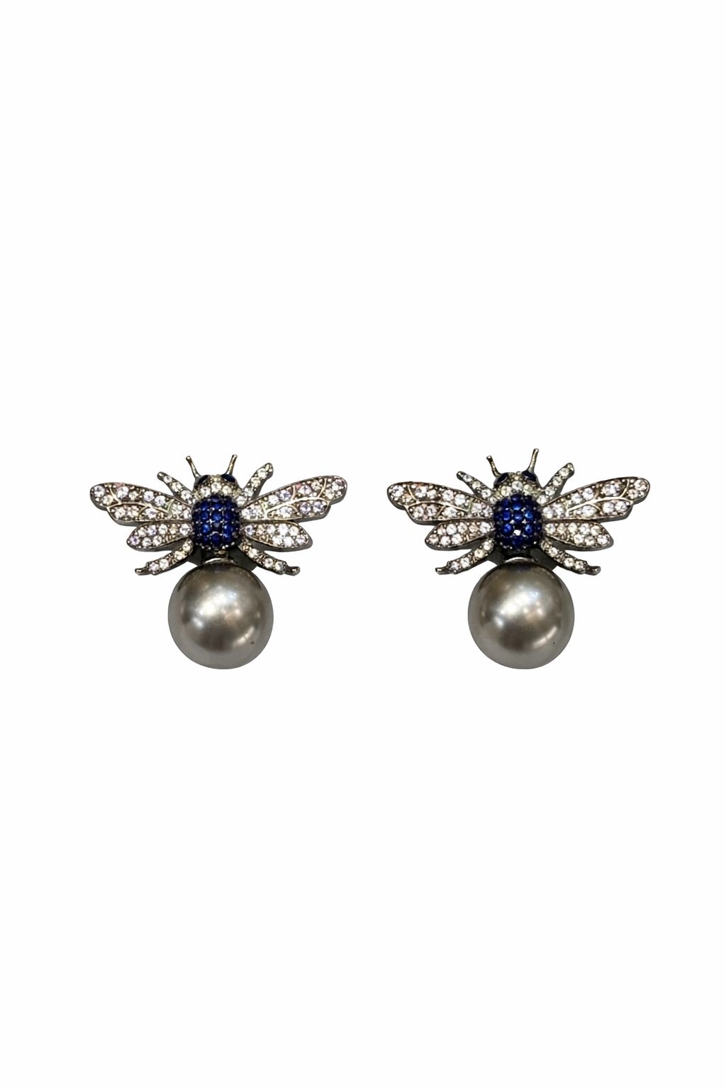 Bee Motif Grey Pearl Drop Earrings with Blue stone