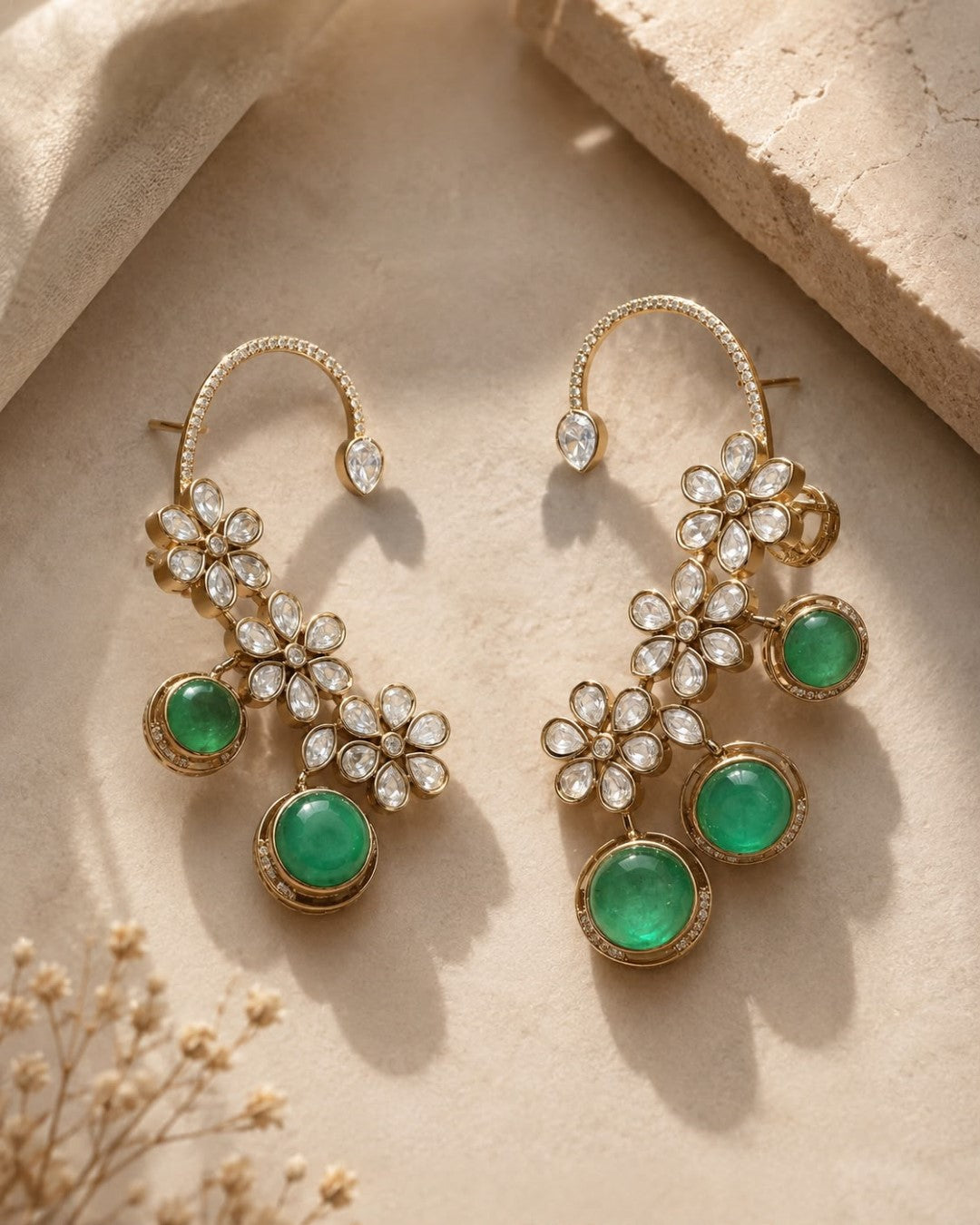 Bridalaya Green Floral Drop Ear Cuff Earrings