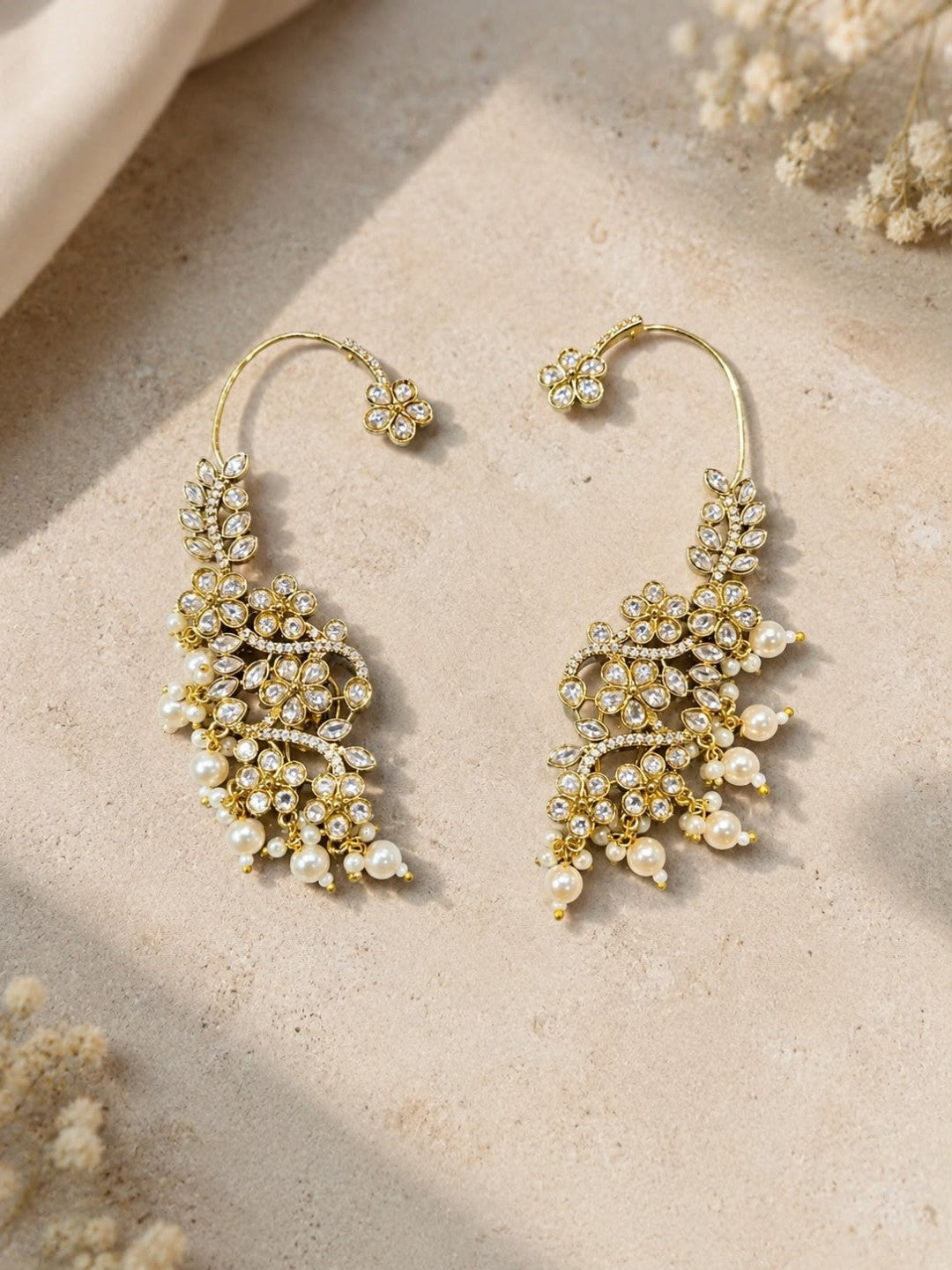 Bridalaya Pearl Floral Kundan Ear Cuff Earrings