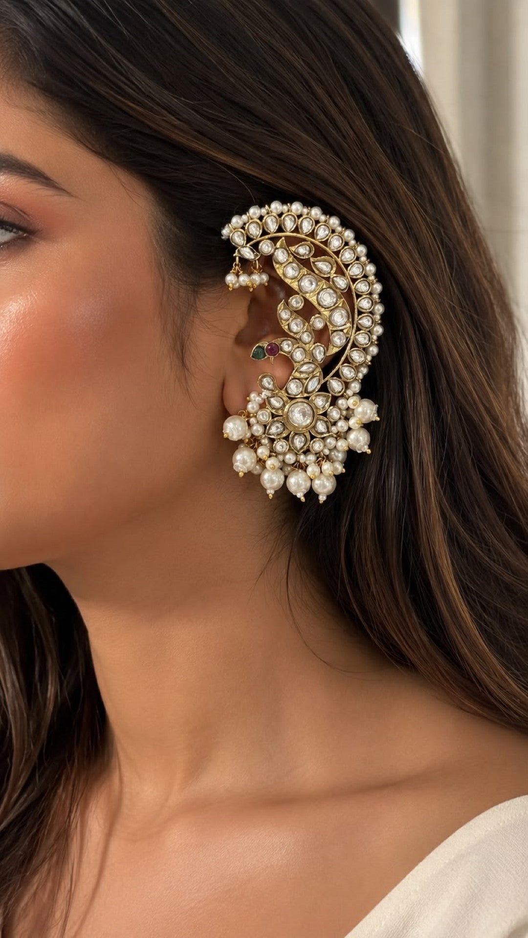 Bridalaya Peacock Polki Pearl Ear Cuff Earrings