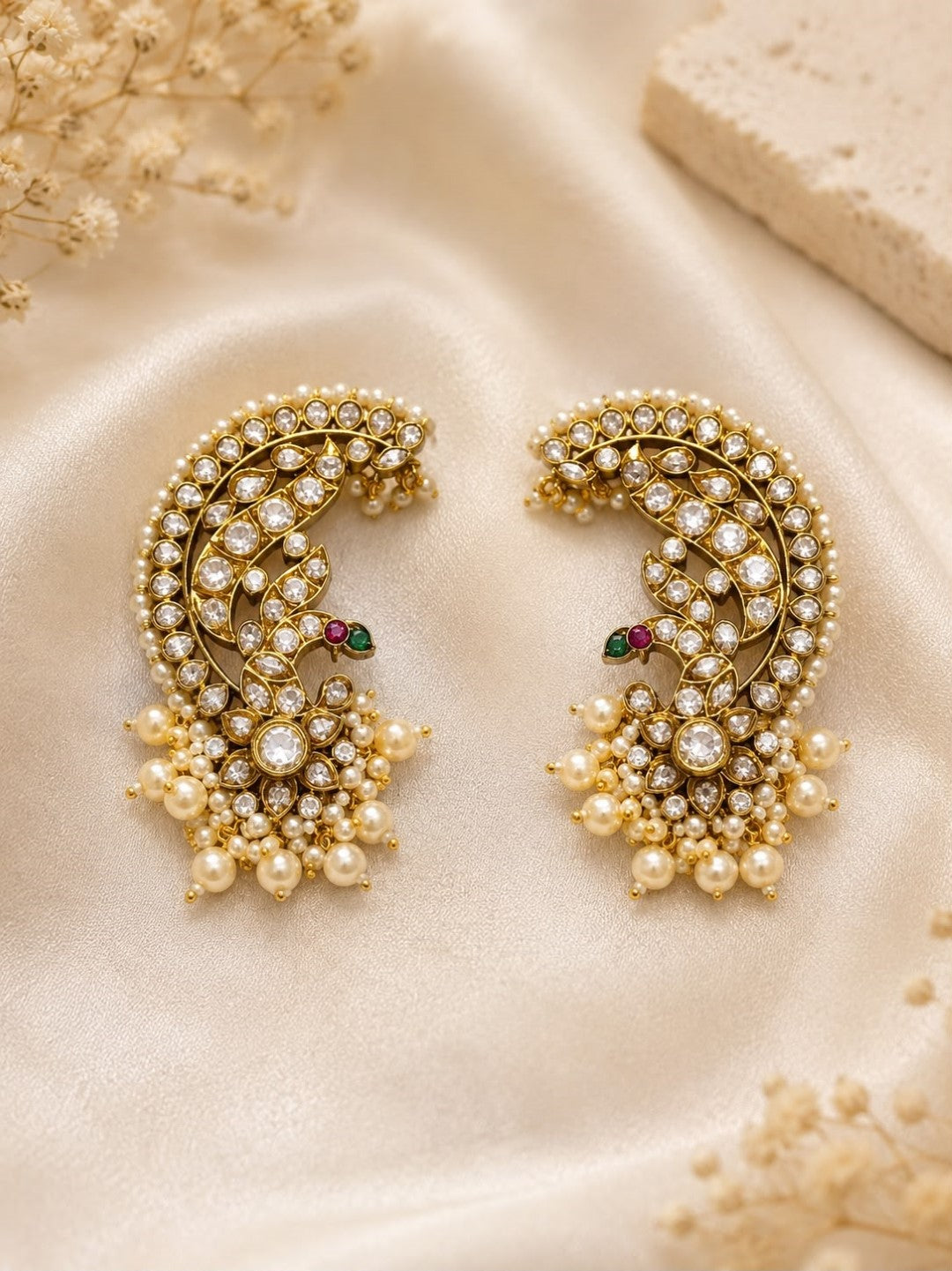 Bridalaya Peacock Polki Pearl Ear Cuff Earrings