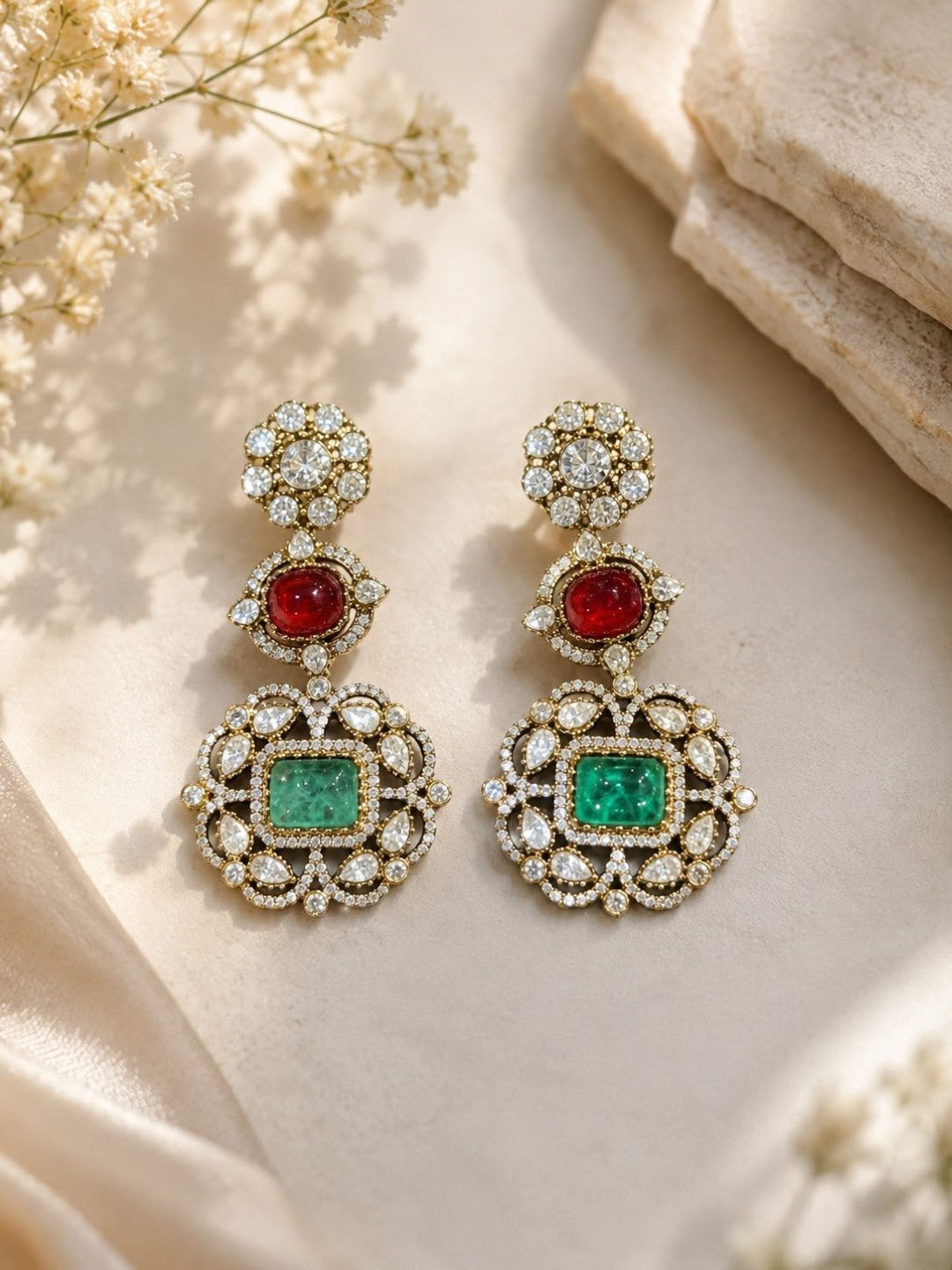 Bridalaya Emerald Ruby Crystal Drop Earrings