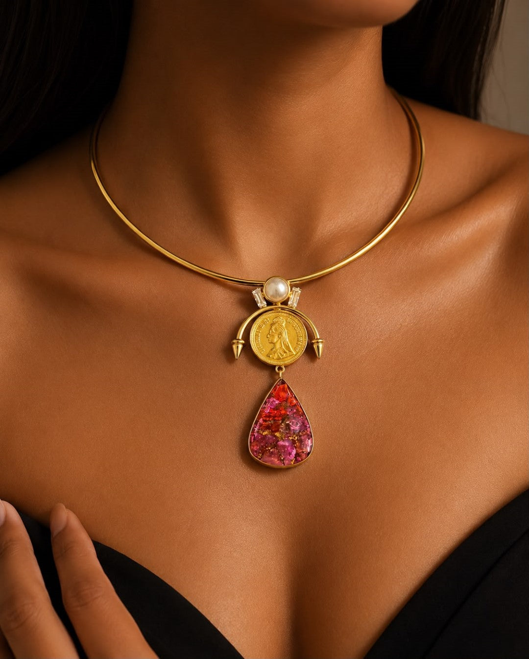 Bridalaya Coin Pink Stone Collar Necklace