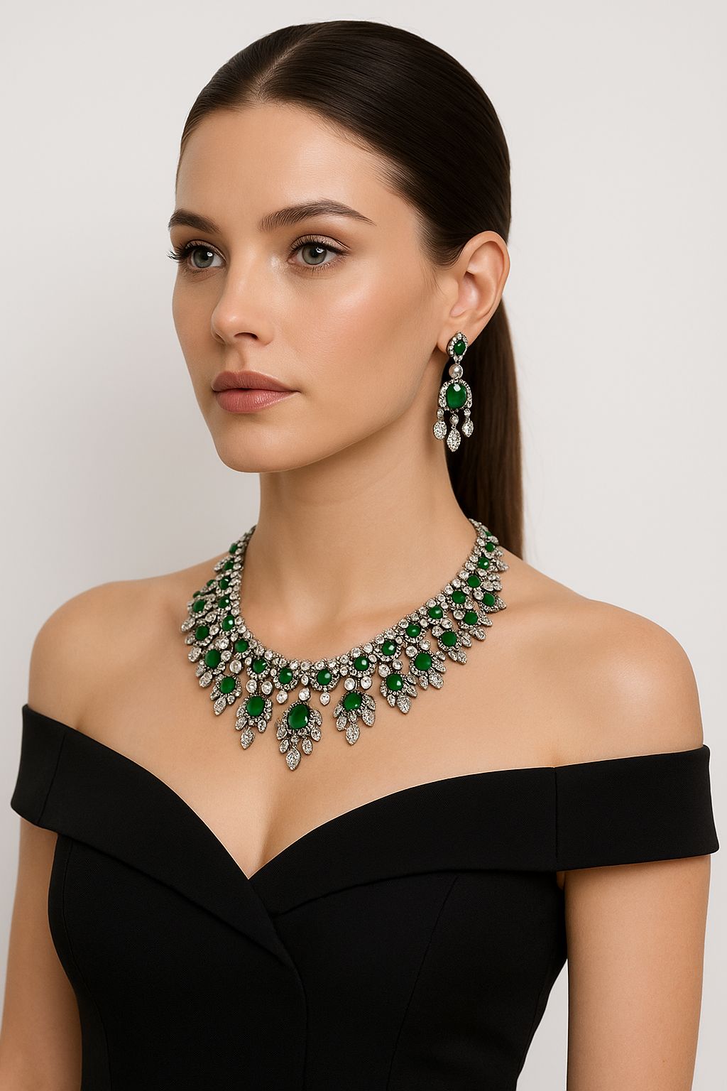 Emerald & Diamond-Inspired Drop Necklace Set