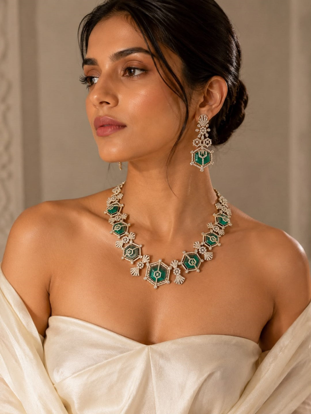 Bridalaya Emerald Geometric Crystal Necklace Set
