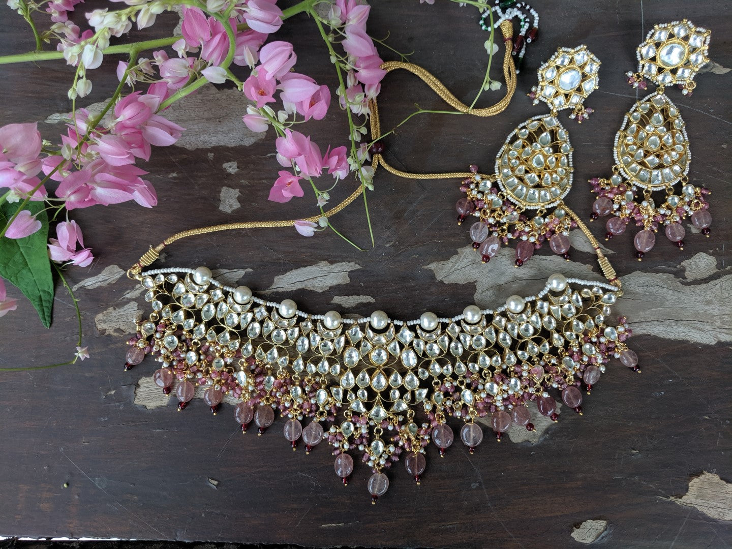 White Jadtar Stone Necklace Beaded Moti Work In Light Pink Beads With Pearl