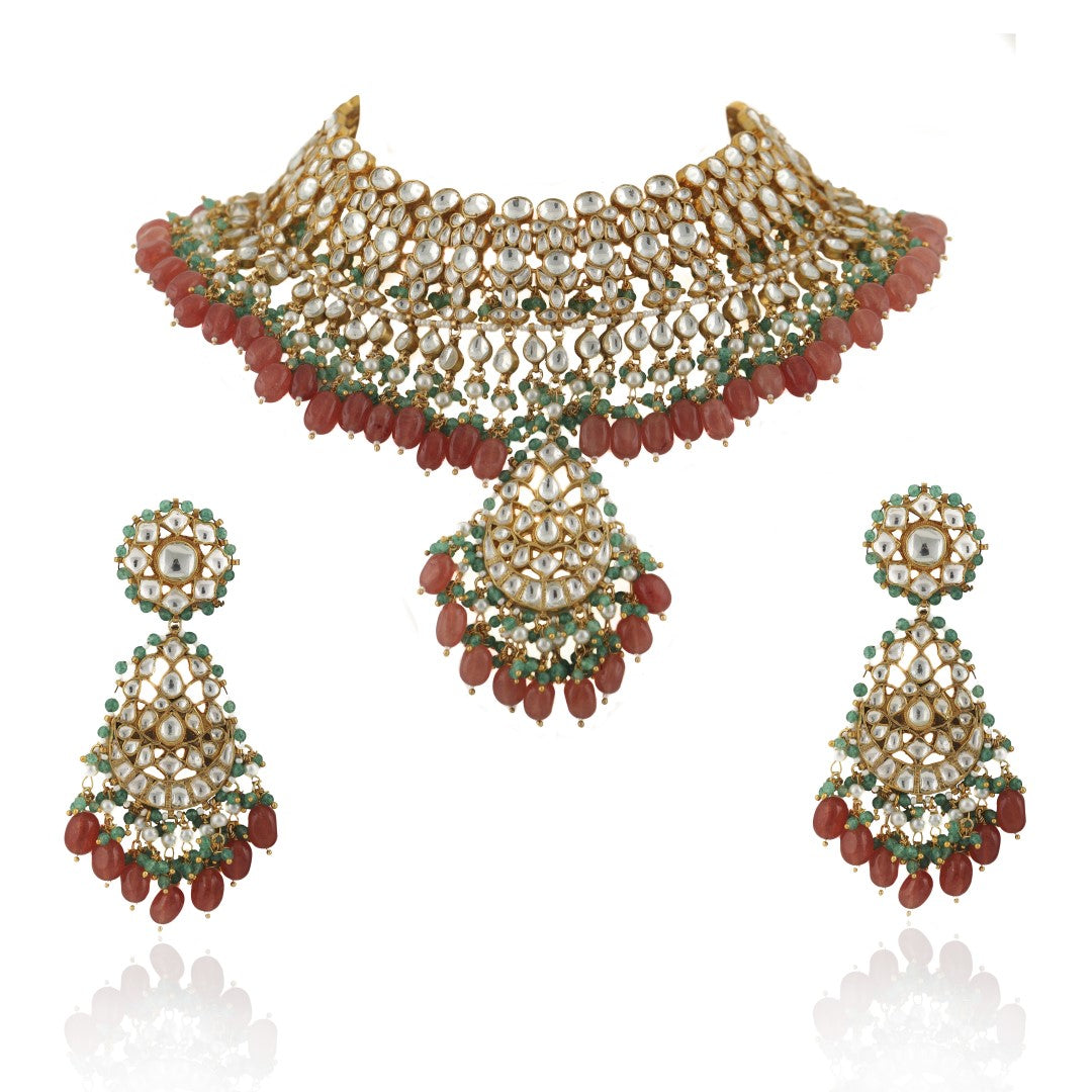 White Jadtar Stone With Pastel Pink And Green Heavy Bridal Necklace Set