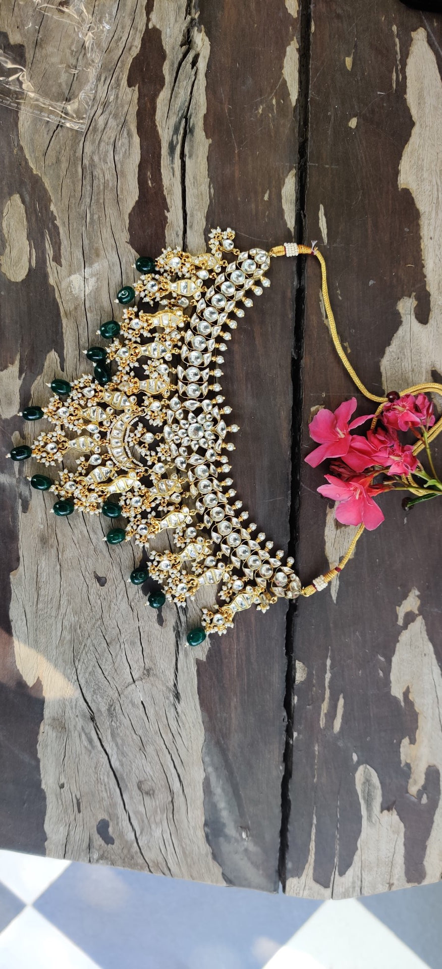 22Kt Gold Plated Green White Choker Necklace Set