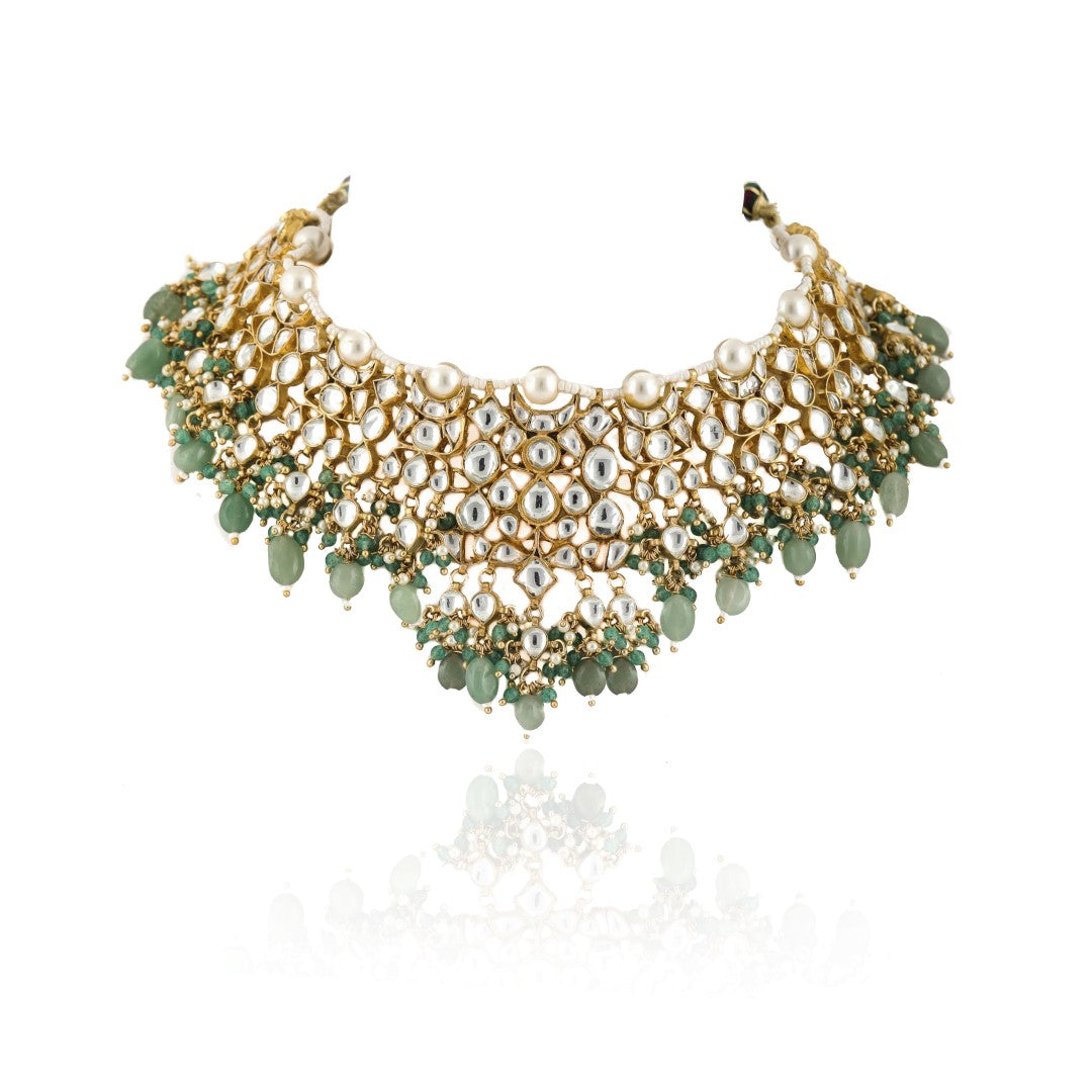 Sea Green Semi Precious Necklace Set With Jhumka