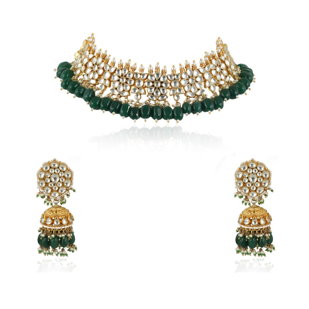 Emerald Green Beads Gold Plated Choker Set 1
