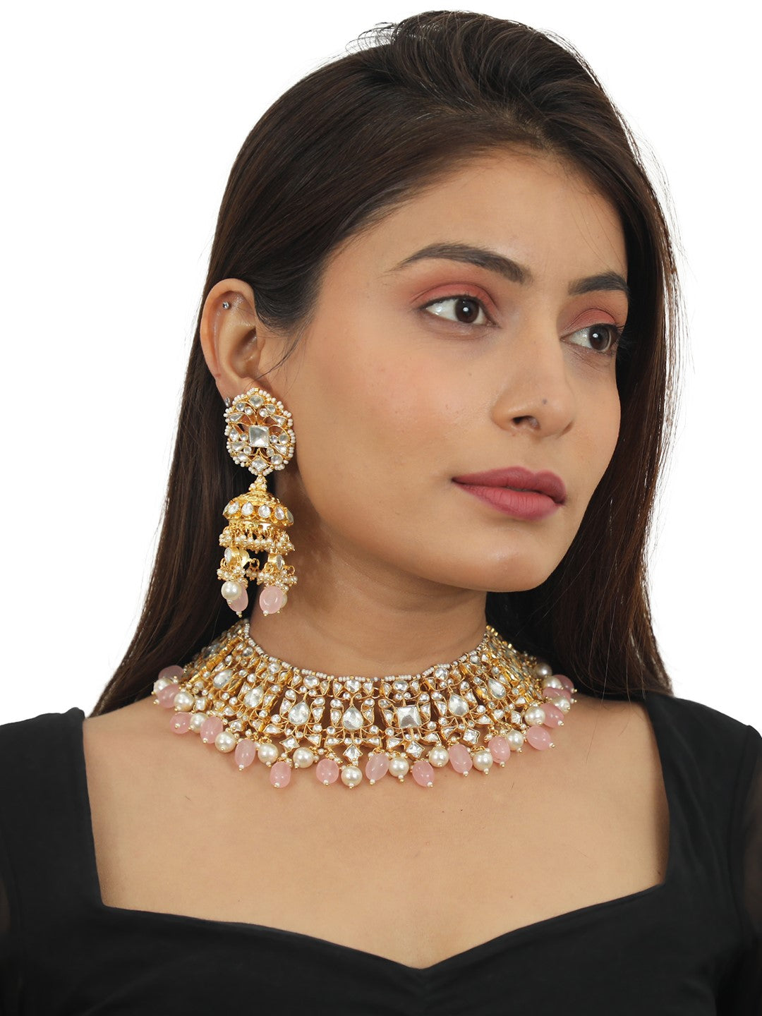 White Necklace Set With Light Pink Beads