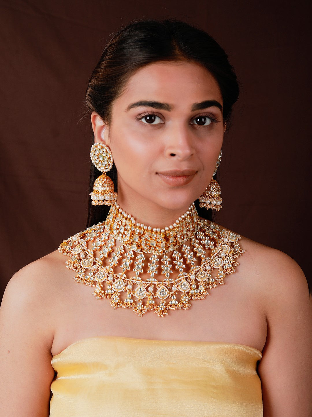 Gold Plated White Bridal Necklace With Jhumki/Traditional Wear Jadau Necklace Set