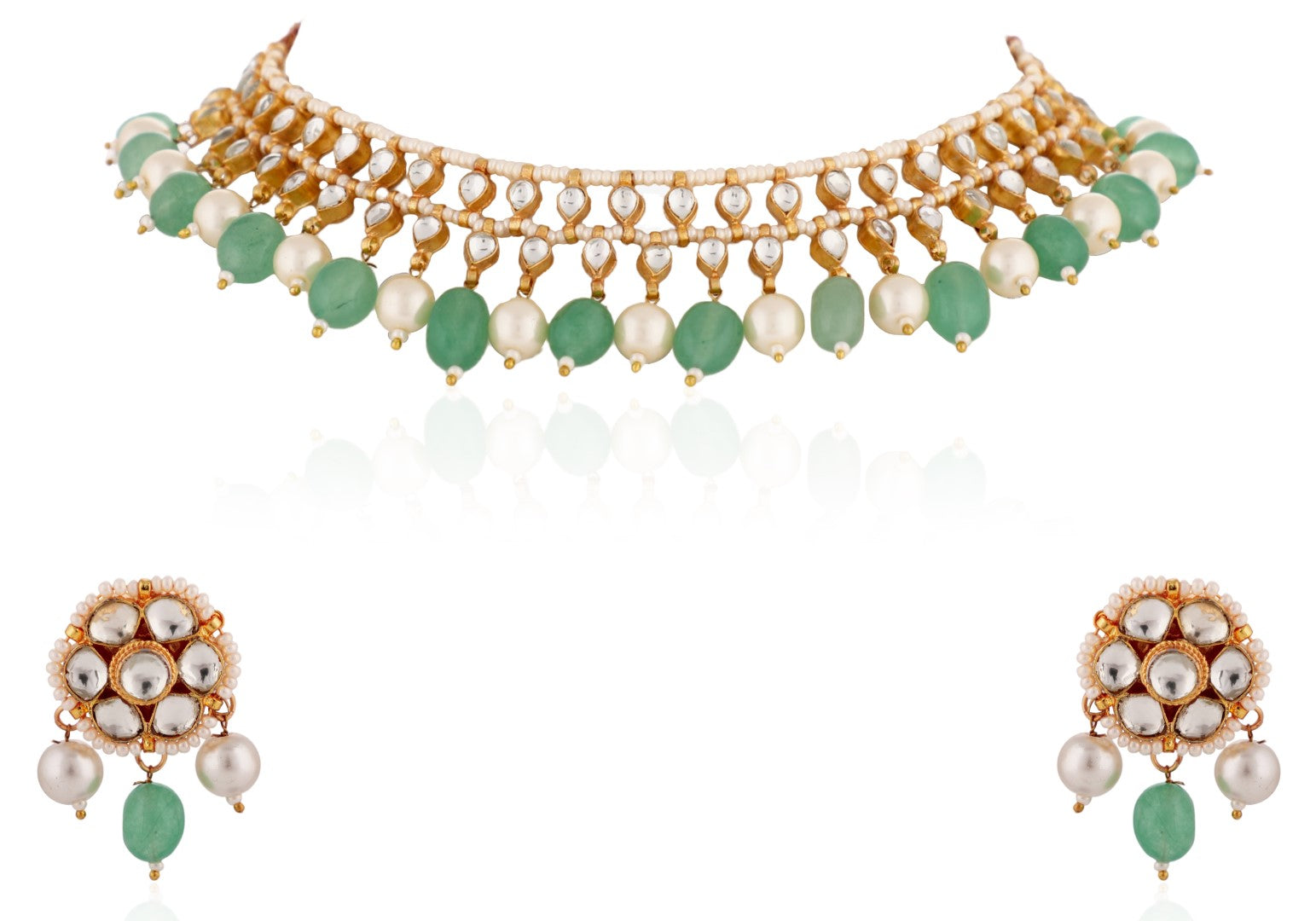 Sea green beaded white pearl choker set