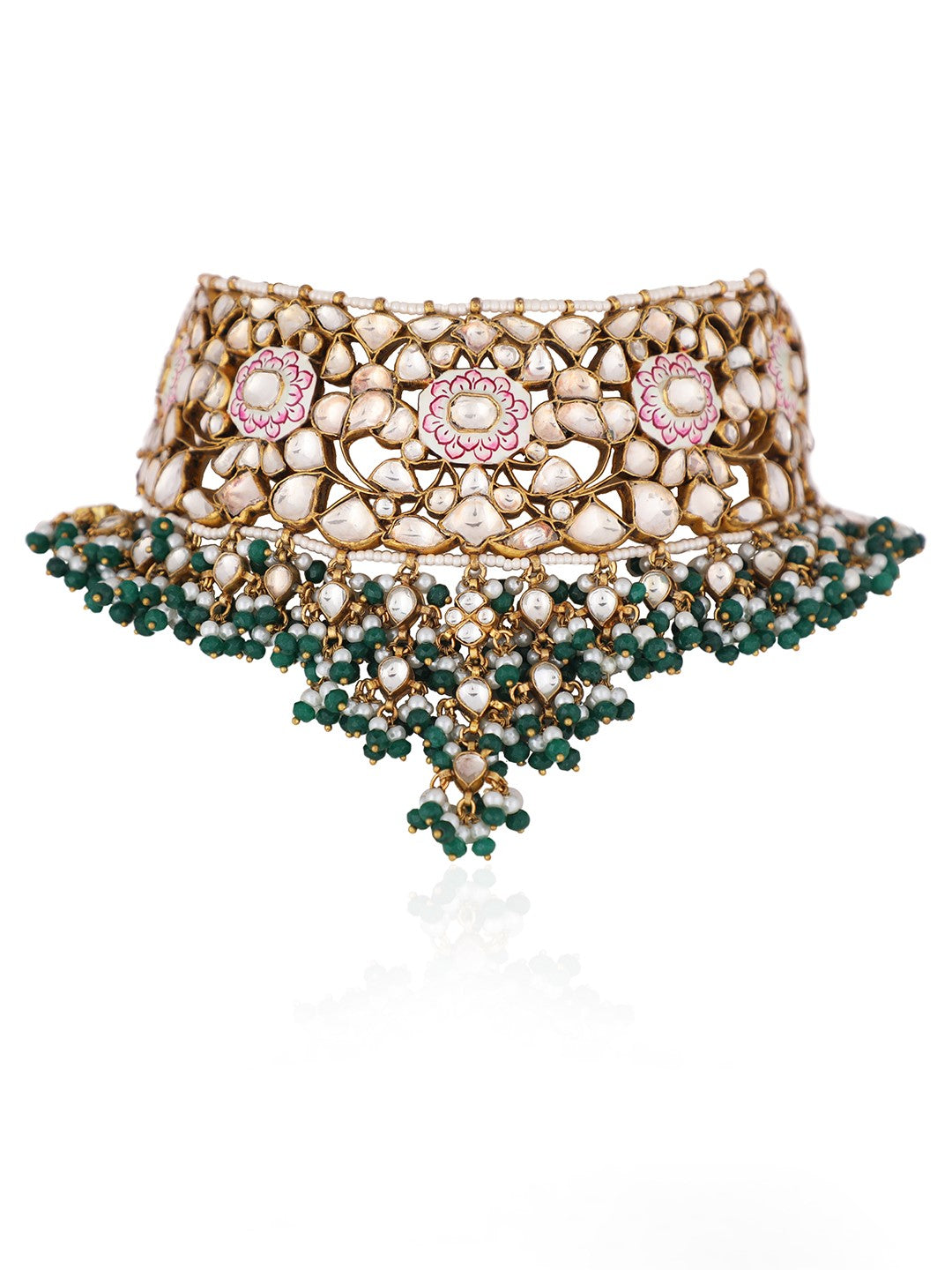 Pink meenakari necklace with green hangings