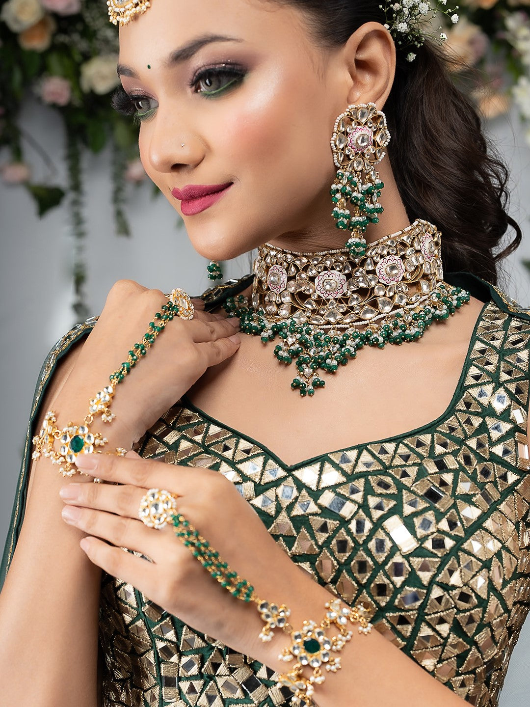Pink meenakari necklace with green hangings