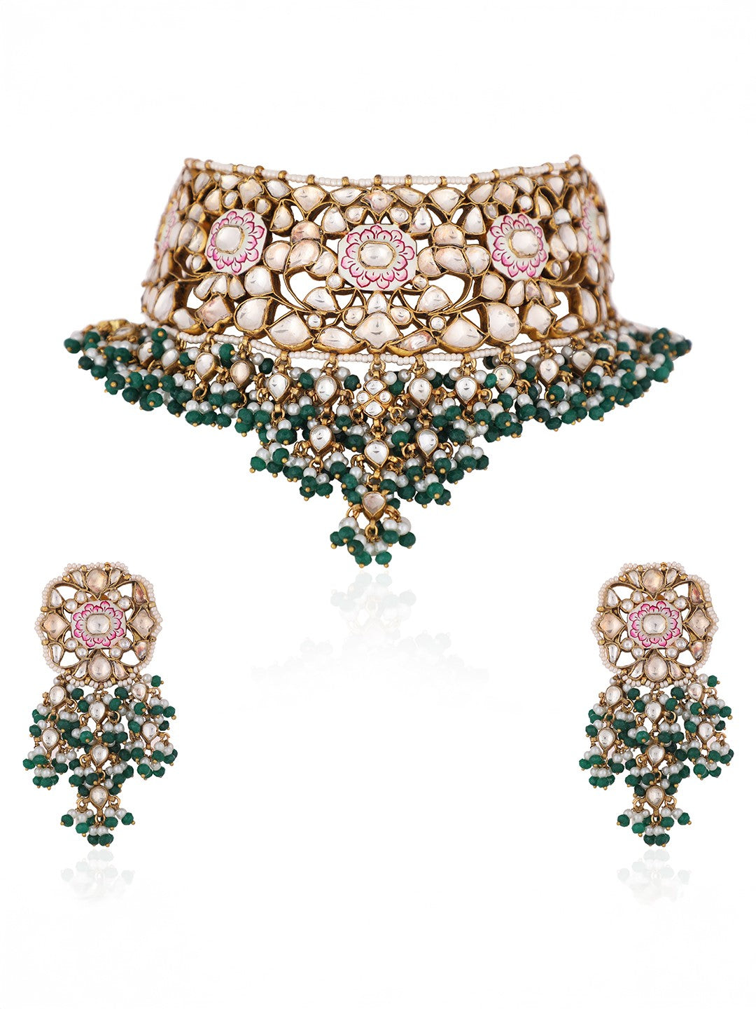 Pink meenakari necklace with green hangings
