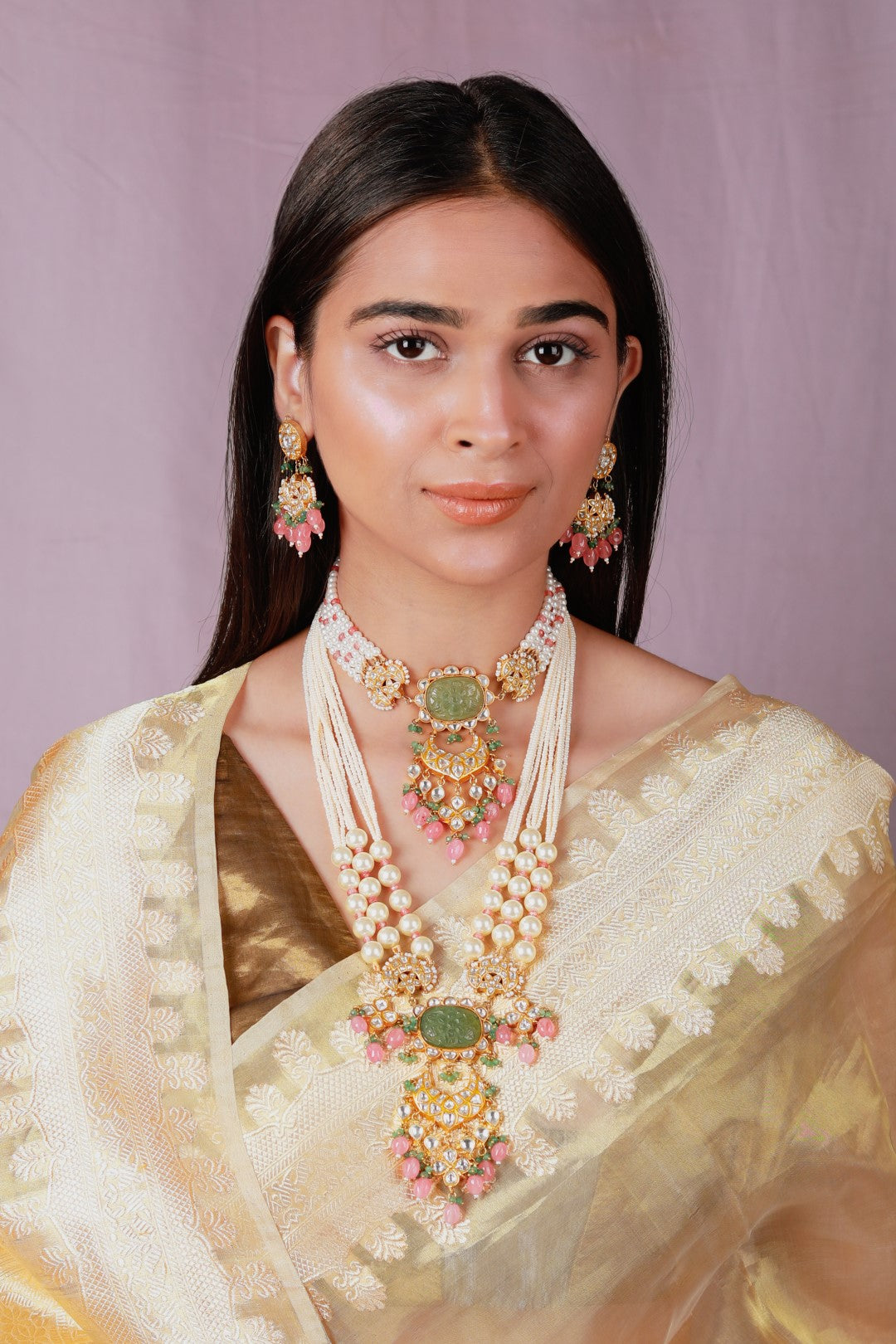 Indowestern Cum Traditional Bridal Necklace Set With Beautifully Carved Jade Stone And Multi Colour Beads In Pastel Shades