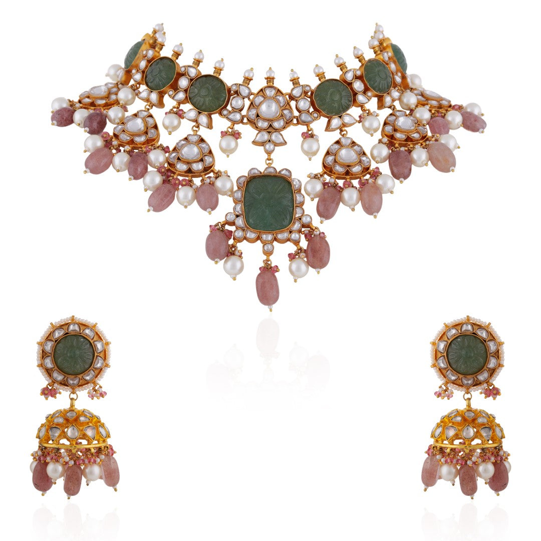 Mint Green Handcrafted Necklace Set With Pastel Drops And Jhumki Earings Perfect For A Destination Wedding