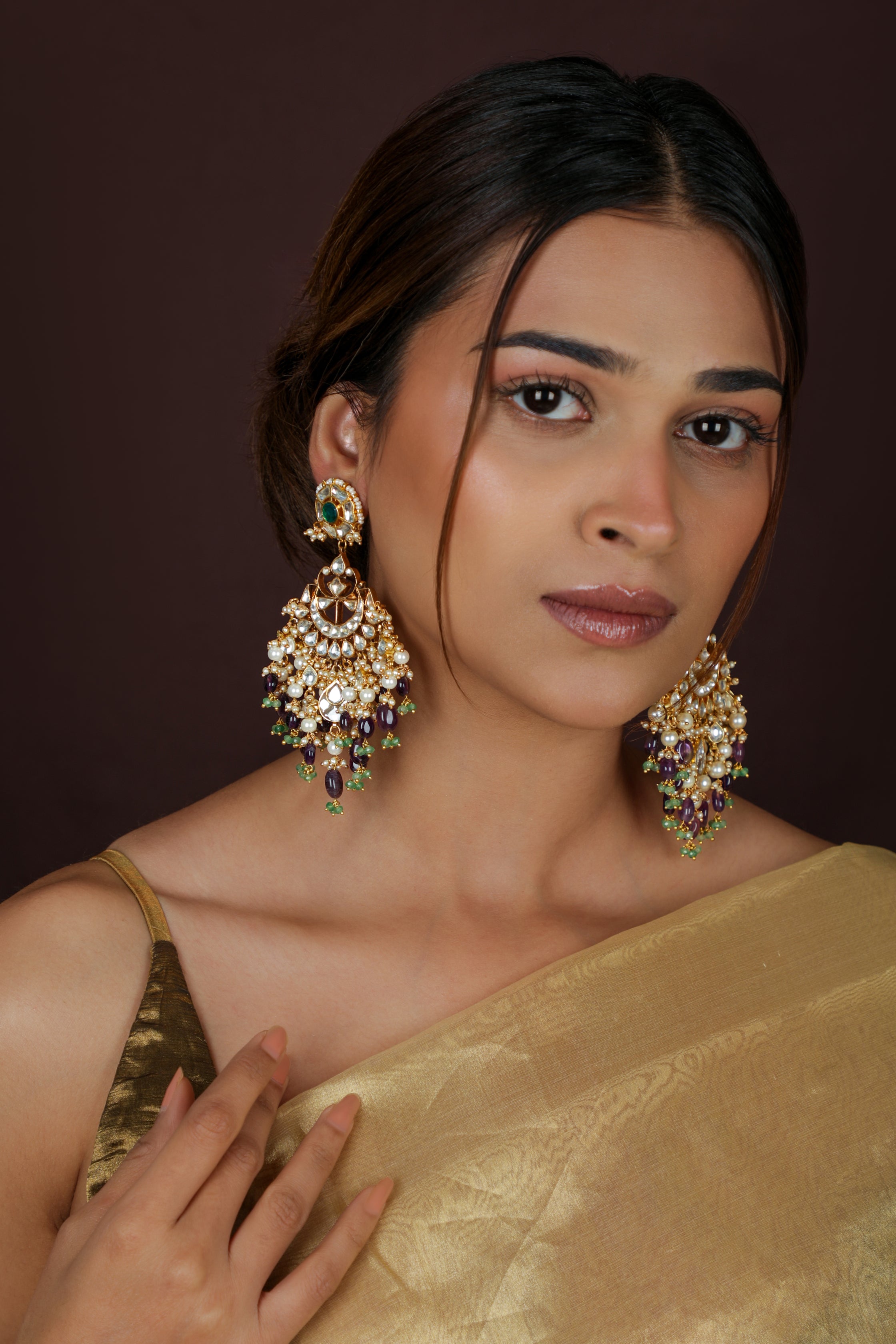 Purple & green jadau bridal necklace set