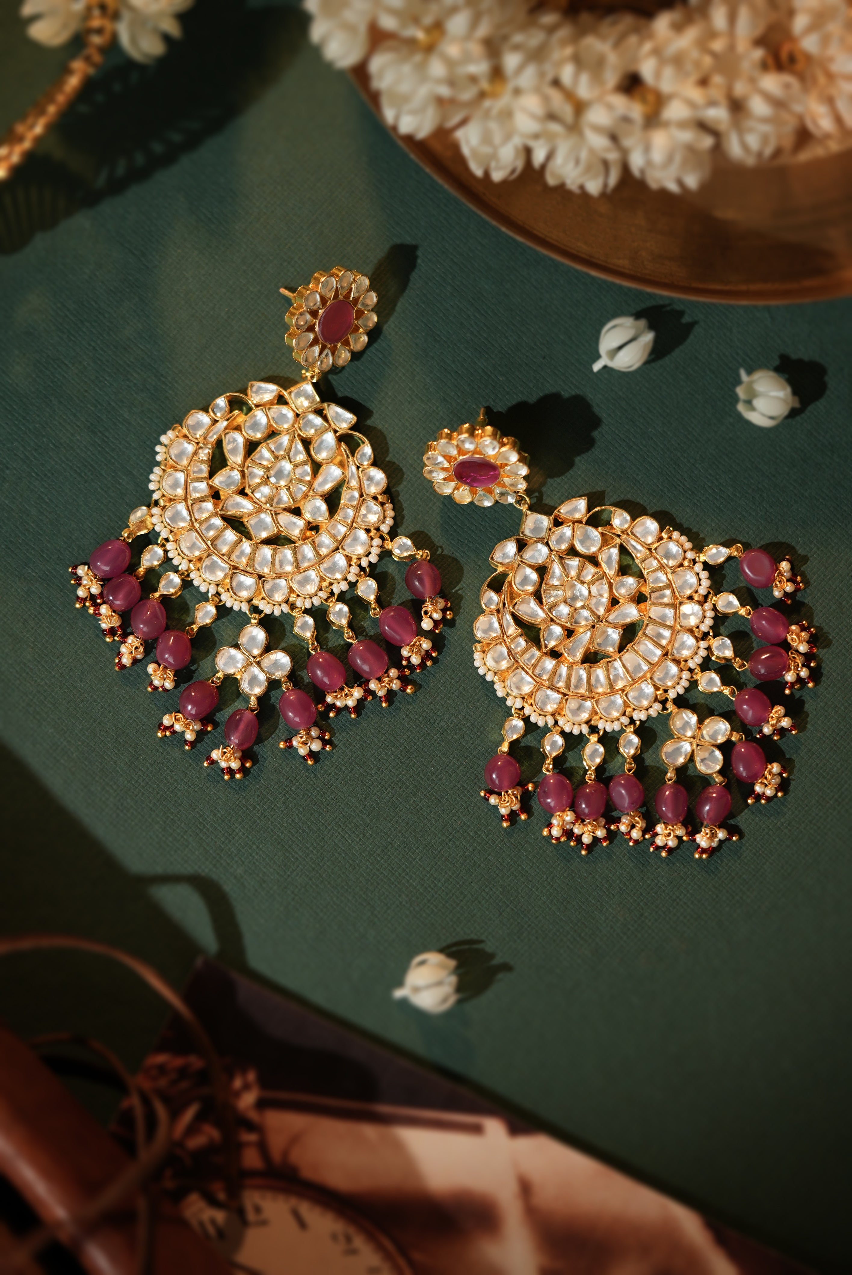 Gold plated rose pink beaded necklace set