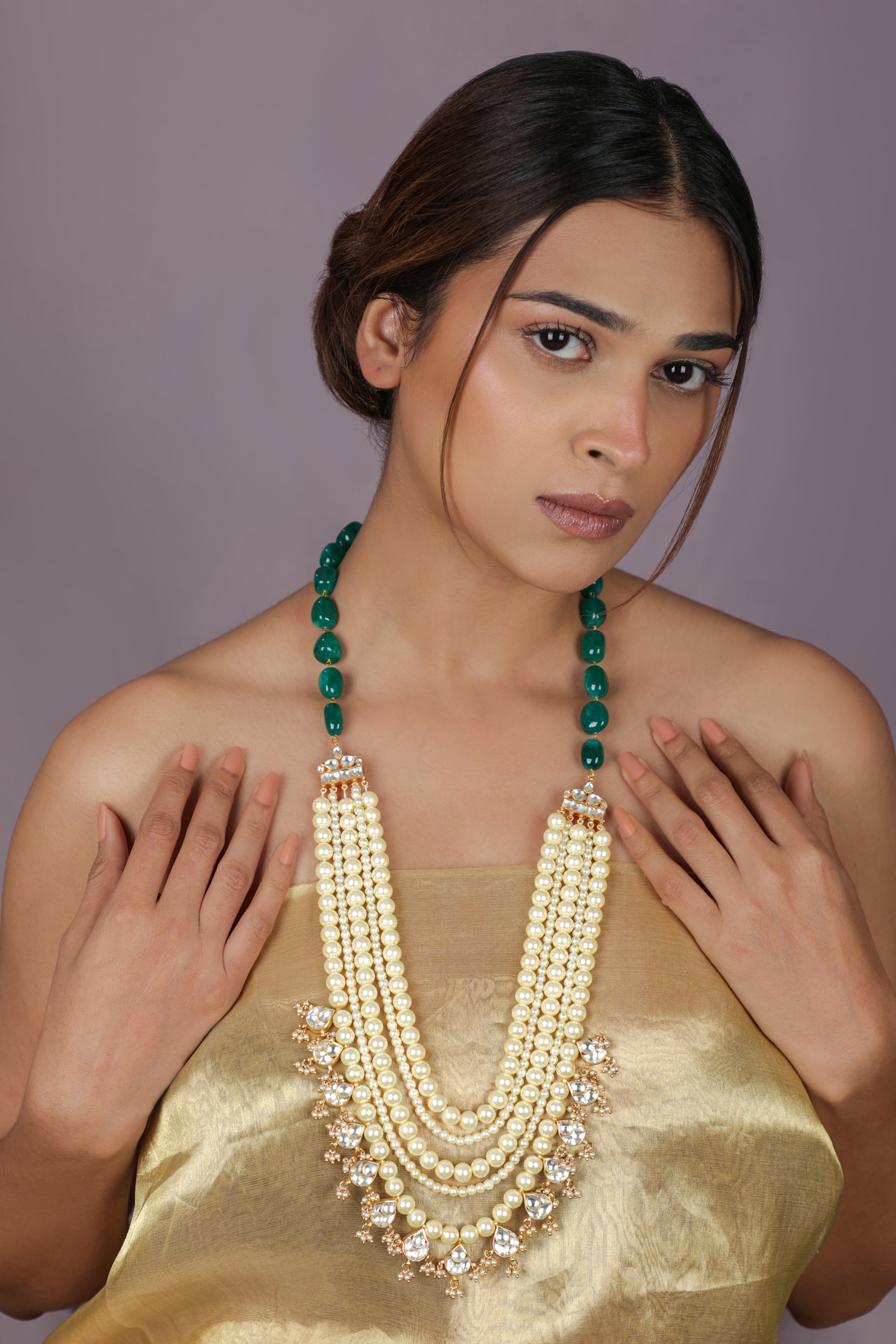 Gold-Plated Multilayer Pearl and Emerald Green Onyx Bead Necklace