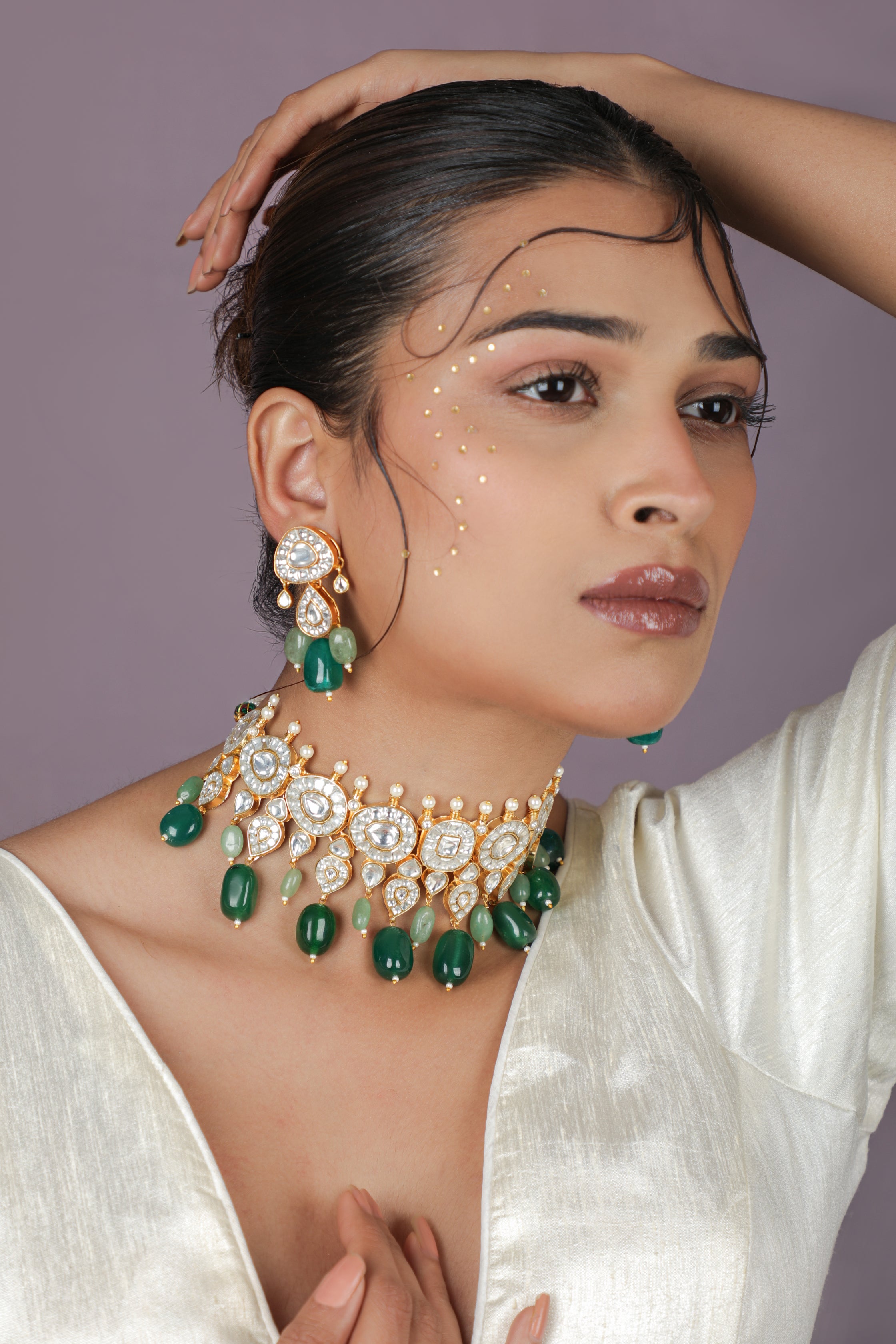 Emerald green beaded gold plated choker set