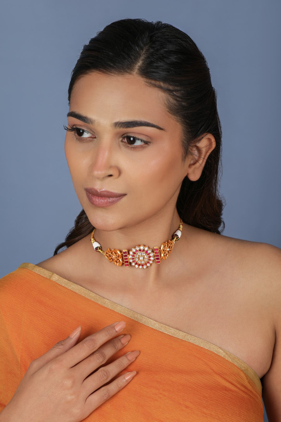 Designer gold plated Floral Centerpiece and Pink Crystals choker