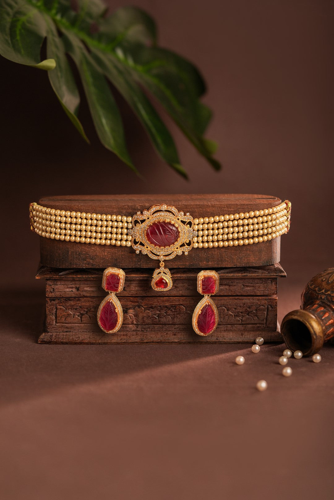 Handcrafted Gold Plated Red Stone statement necklace Choker Set