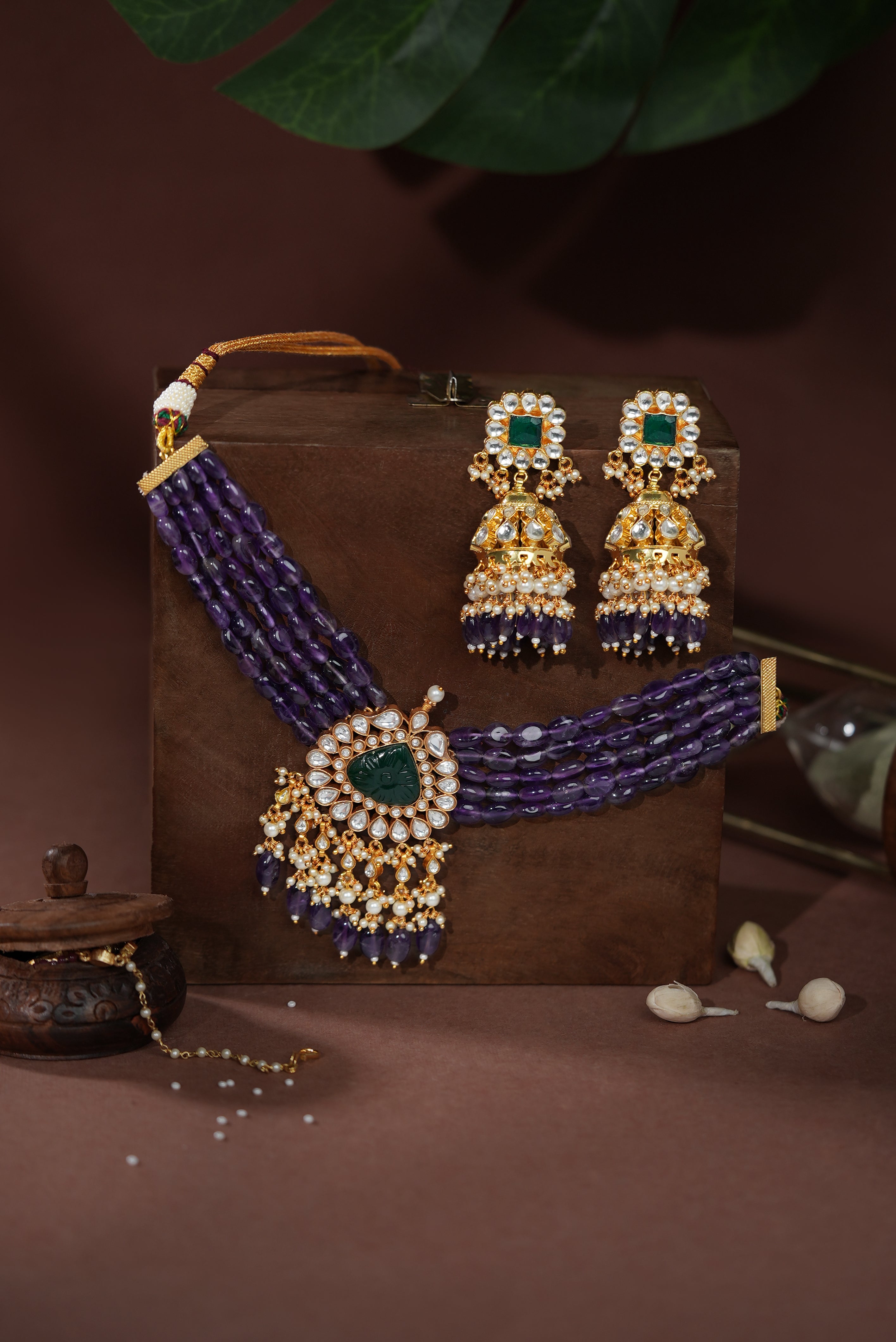 Emerald and Amethyst Beaded jadtar Choker Necklace set