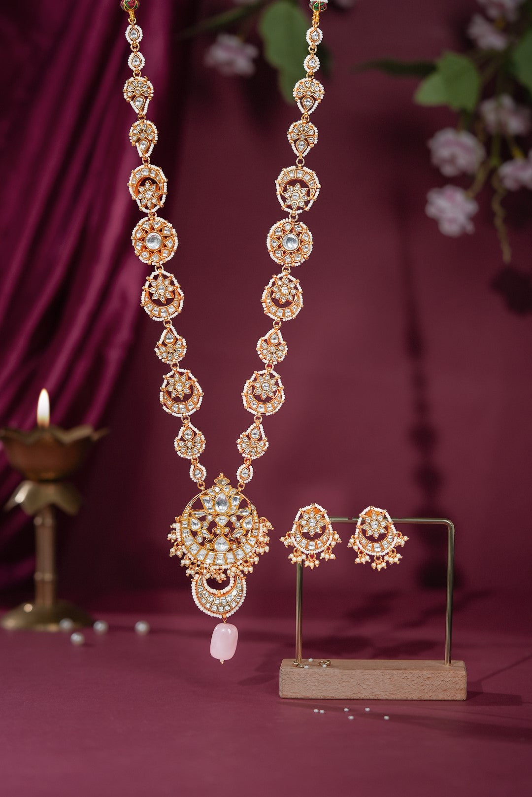 Gold plated jadtar long necklace with studs