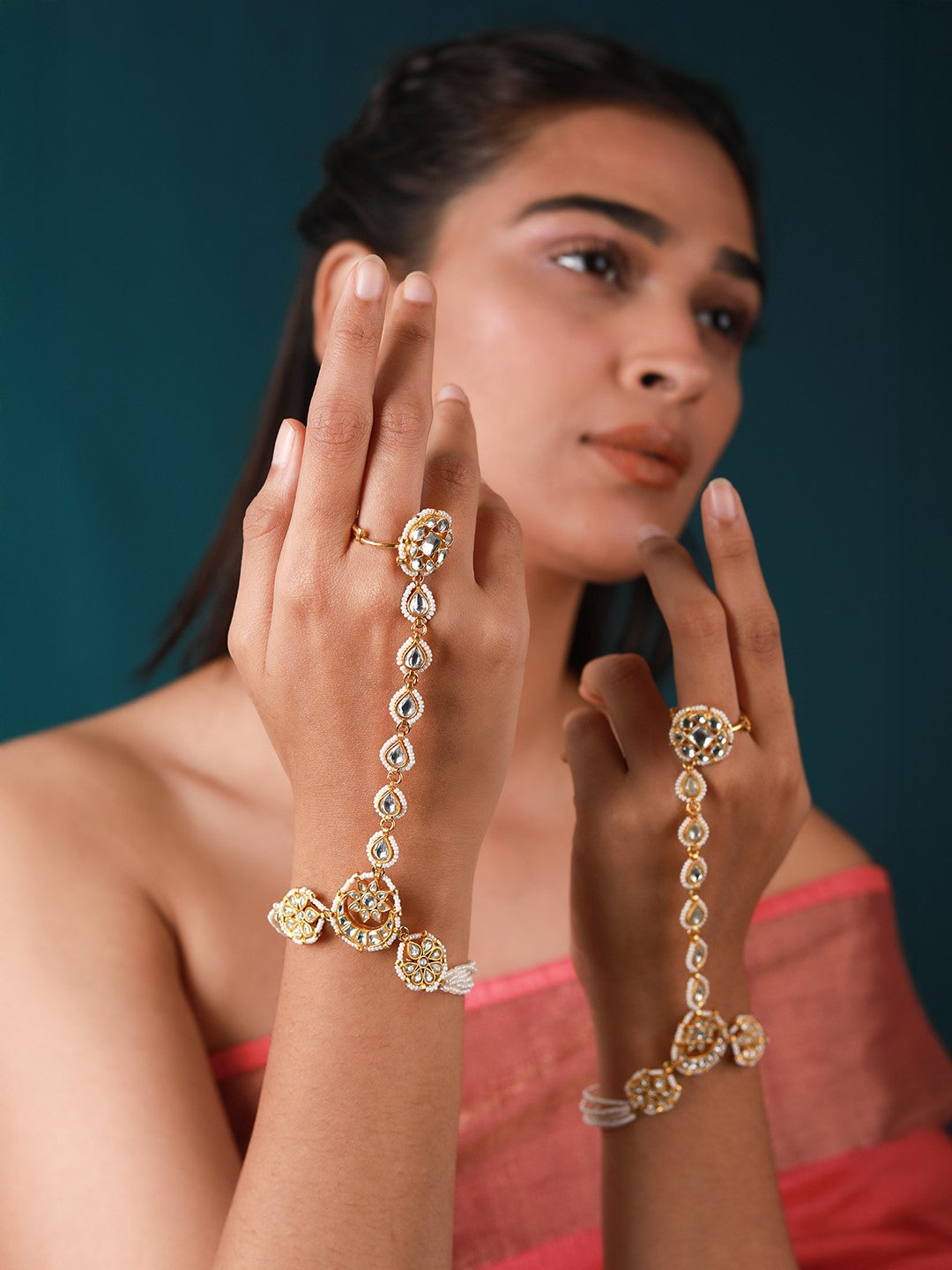 Gold plated white embellished hathphool(pair)