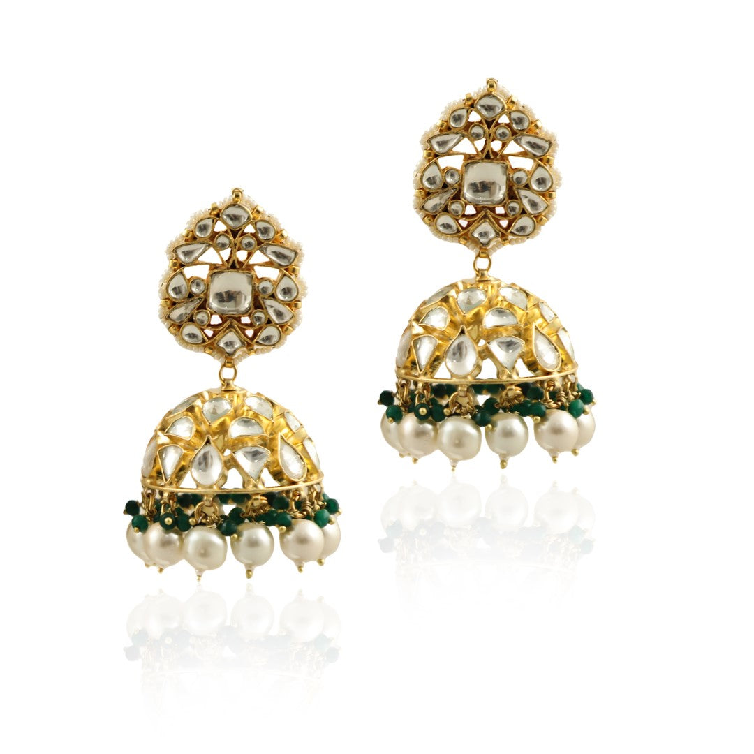 Green Hangings With White Pearl Jhumki