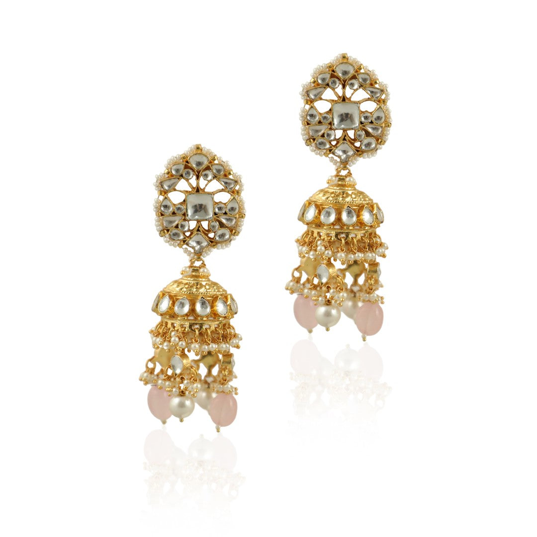 Light Pink Beaded Gold Plated Jhumka
