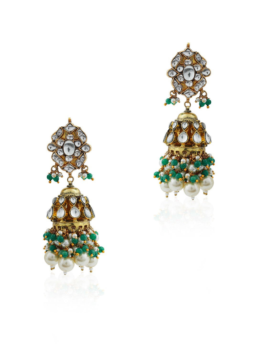 Gold finish occassion wear white pearl jhumka