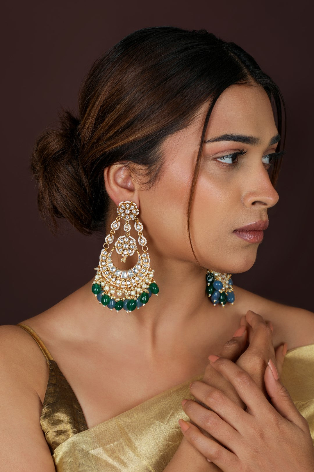Chandbali with a fushion of Emerald and blue saphire beads