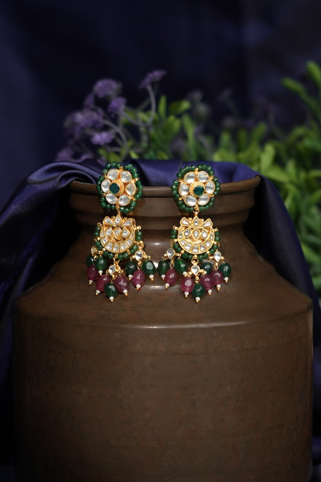 Ruby and emerald delicate chandbaali earrings