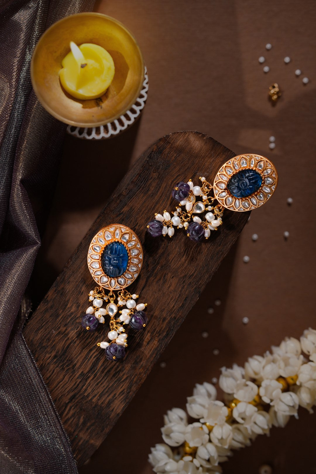 Delicate handcrafted Blue saphire carved stone Earrings