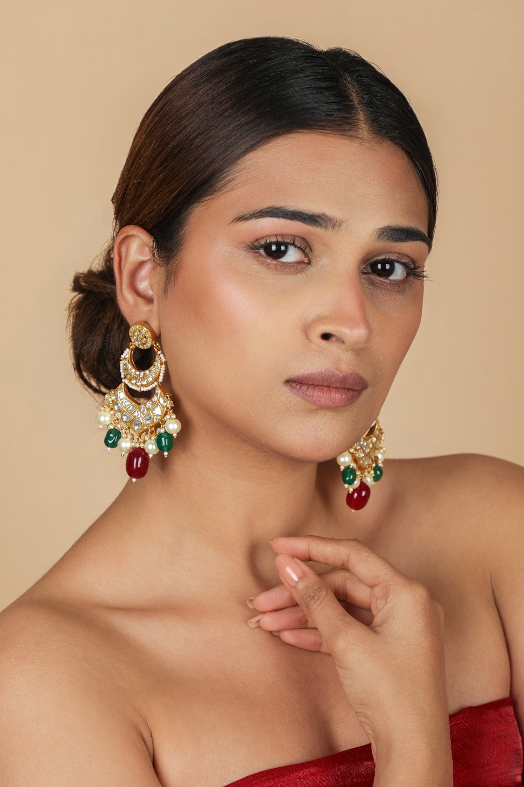 Red green statement chandbali Earrings