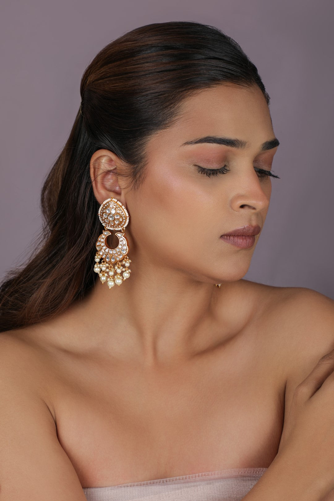White pearl beaded gold plated chandbaali