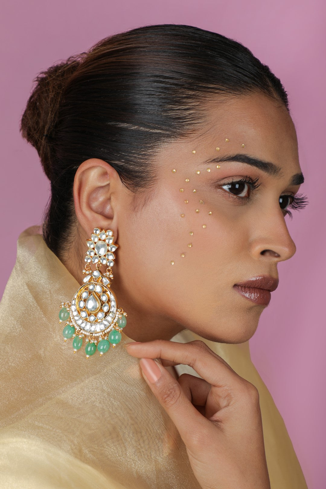 Traditional Jadtar Stone & Green Bead Danglers