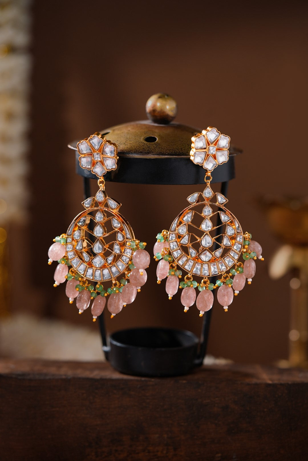 Gold-Plated Floral Kundan & Pearls Studded Drop Earrings