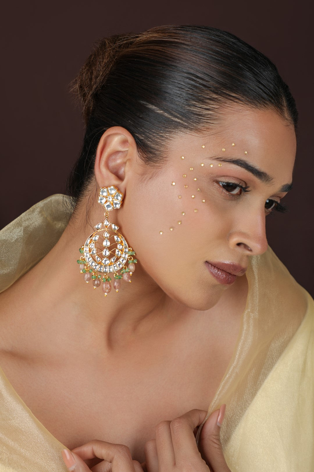 Gold-Plated Floral Kundan & Pearls Studded Drop Earrings