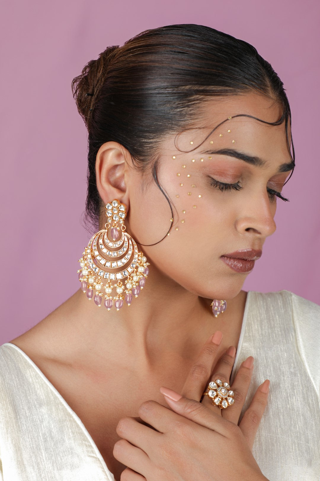 Pastel pink beaded jadtar chandbaali